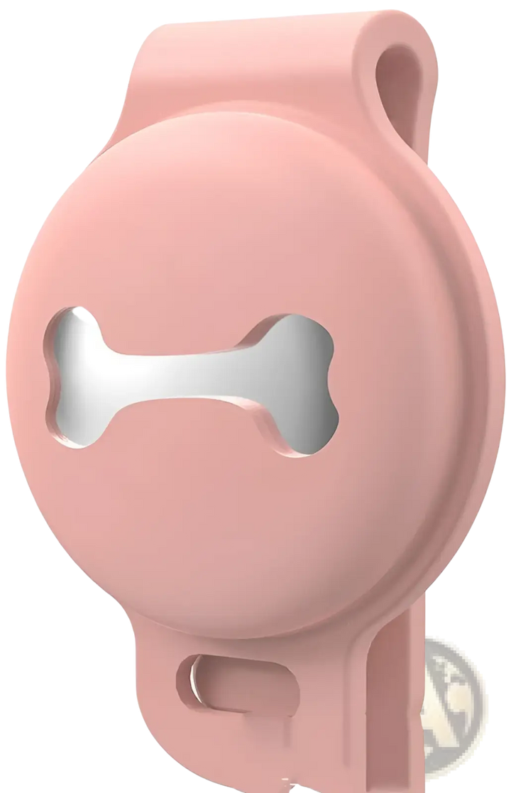Pink silicone pet tracker case with bone cutout and side opening