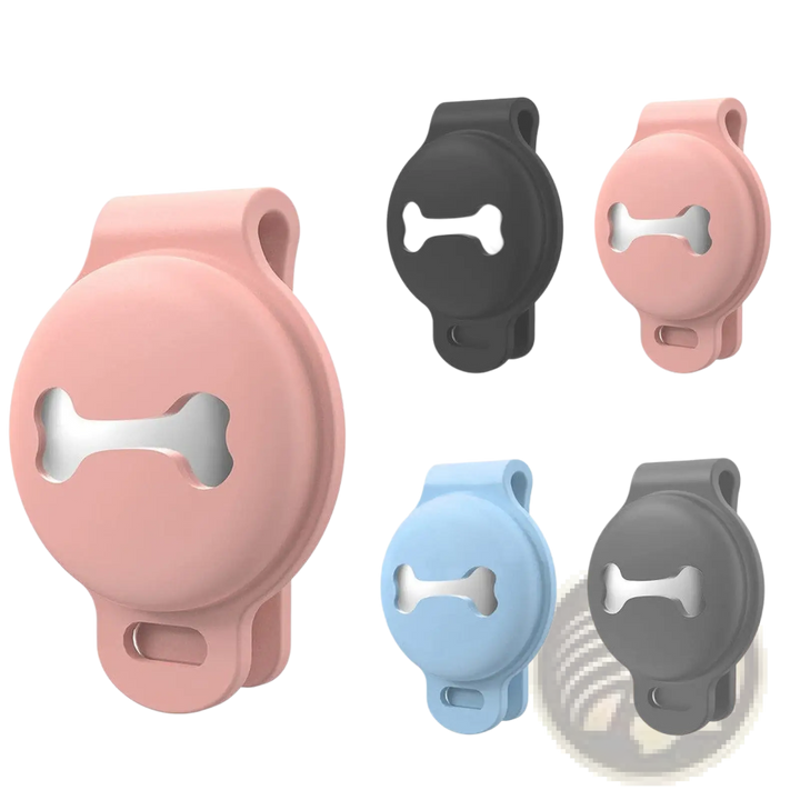 Silicone pet tracker case with bone cutout in pink, black, blue, and gray