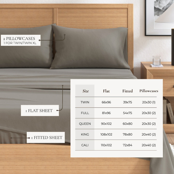 Grey flannel sheet with size chart and flat and fitted sheet icons