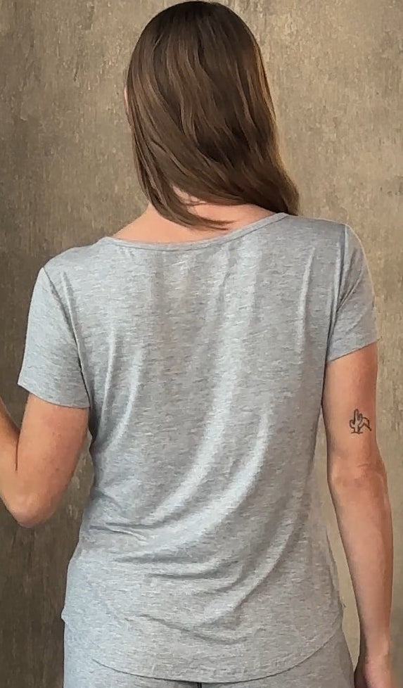 Women’s bamboo lounge T-shirt, heather grey back view with short sleeves
