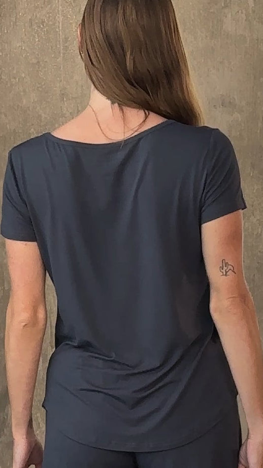 Women’s dark lounge t-shirt set back view with crew neck and gathered waist