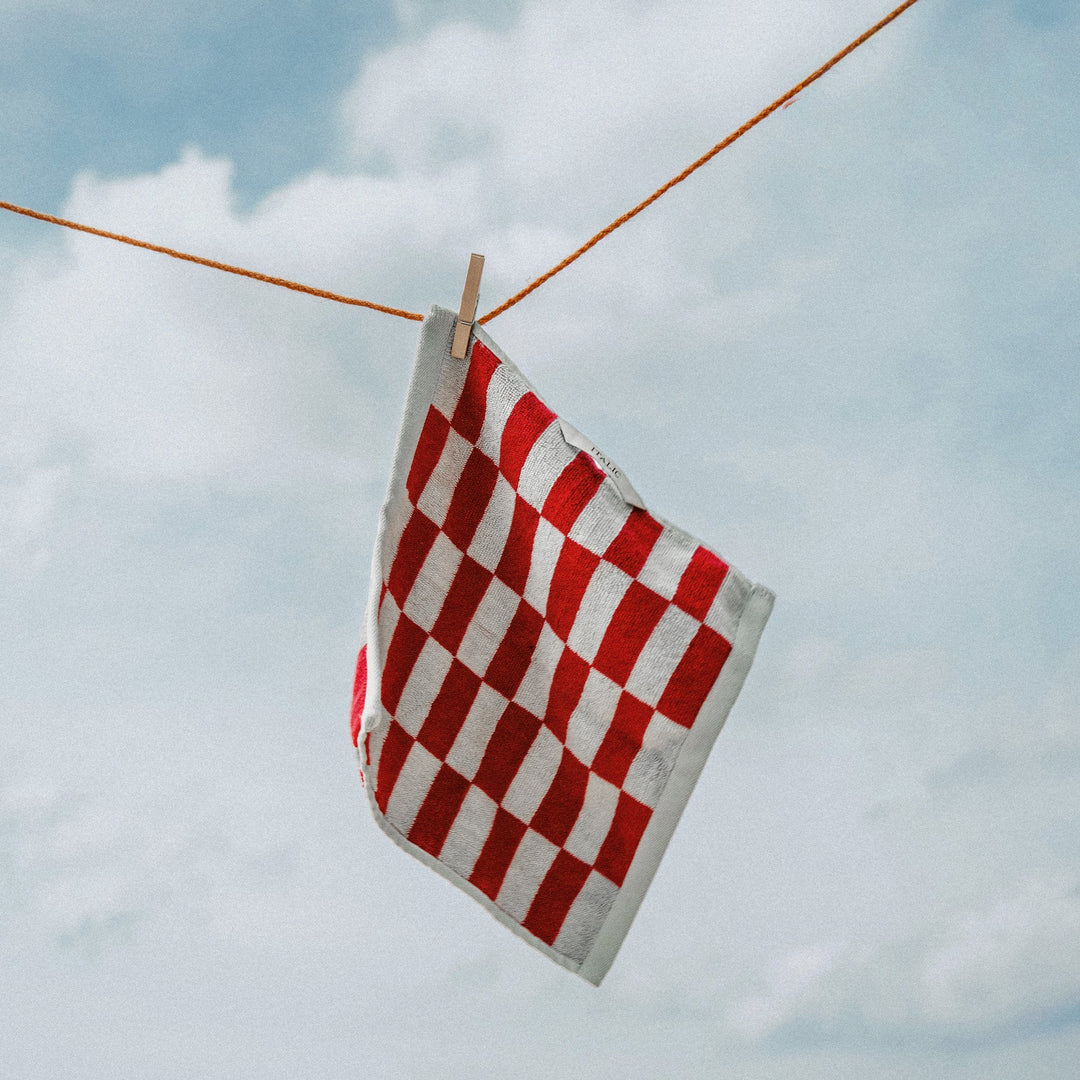 Red and white checkered cotton towel clipped to a line, terry border visible.