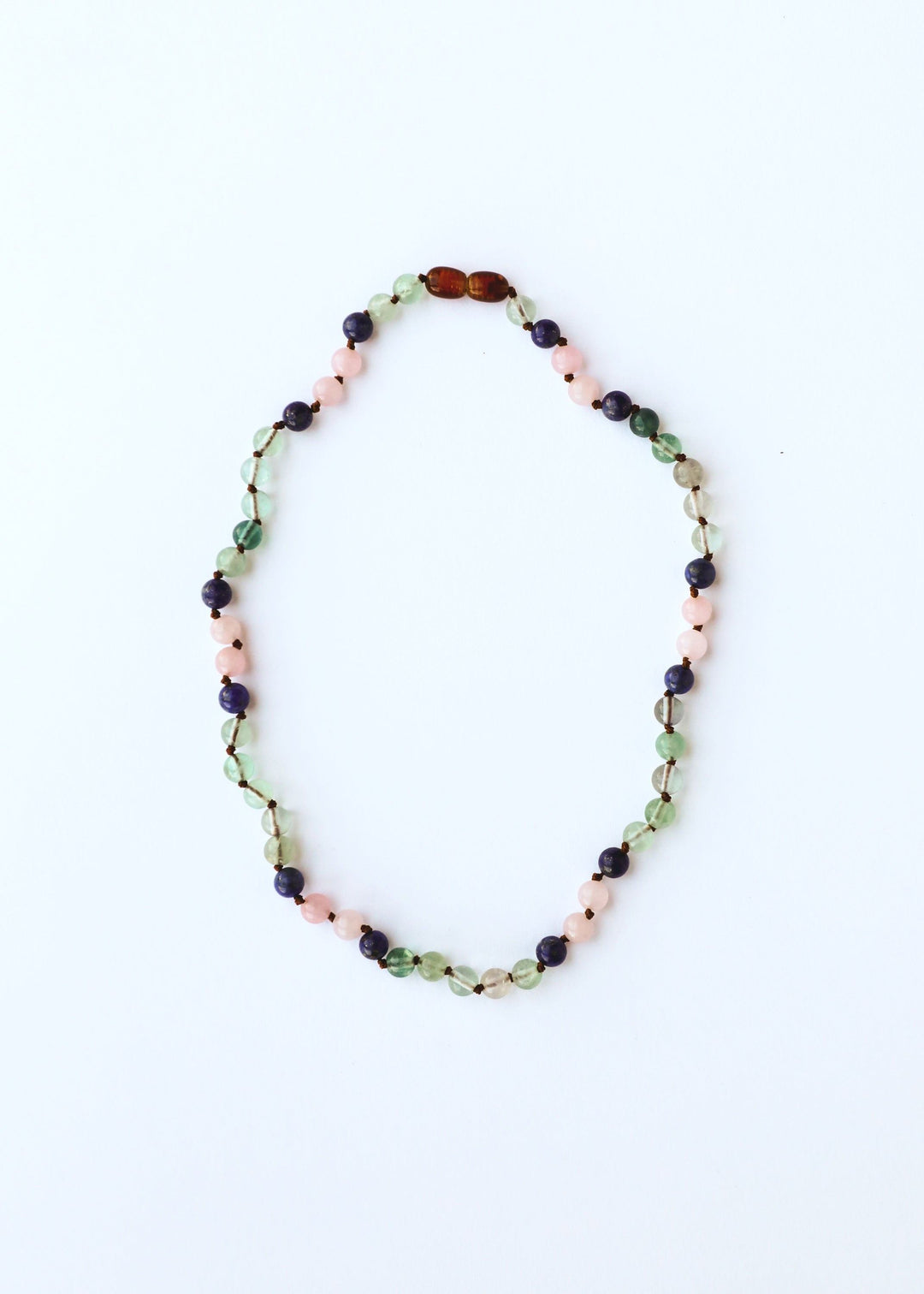 Multicolor gemstone bead necklace with fluorite, lapis lazuli, rose quartz beads