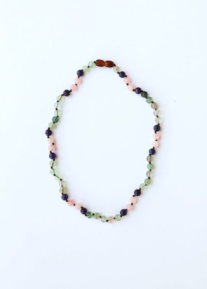 Multicolor gemstone bead necklace with fluorite, lapis lazuli, rose quartz beads