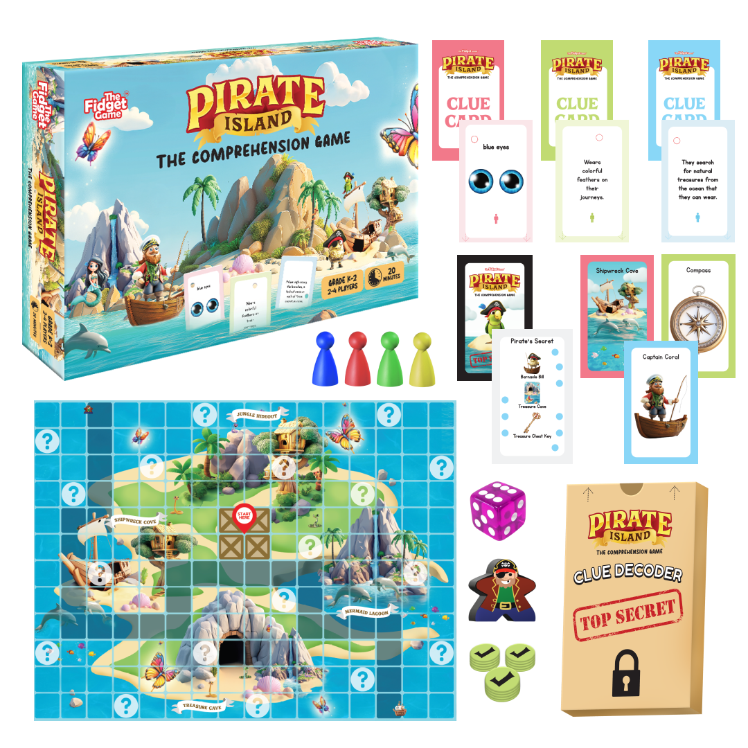 Pirate clue board game in retail box with pawn pieces and colored dice