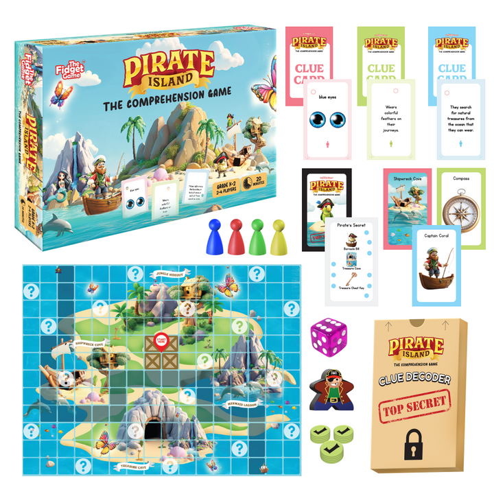 Pirate clue board game in retail box with pawn pieces and colored dice