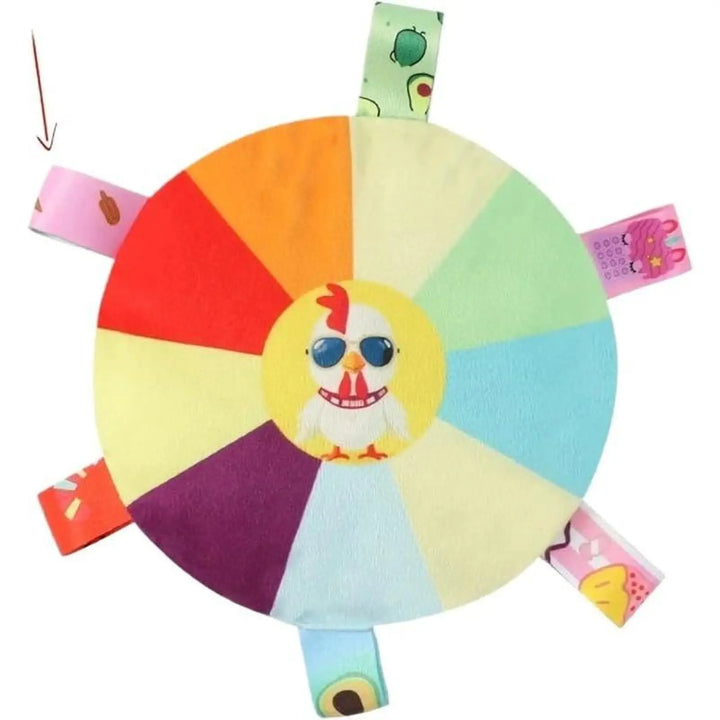 Multicolor plush flying disc chew toy with cute lion-style face and hanging fabric tags