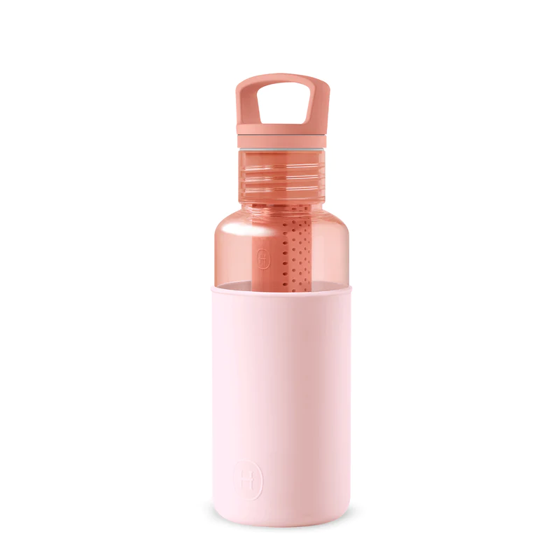 Peach-orange clear reusable water bottle with infuser, tinted pink body, flip-top