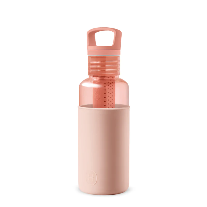 Peach-orange clear reusable water bottle with infuser, clear lid, peach bottle body