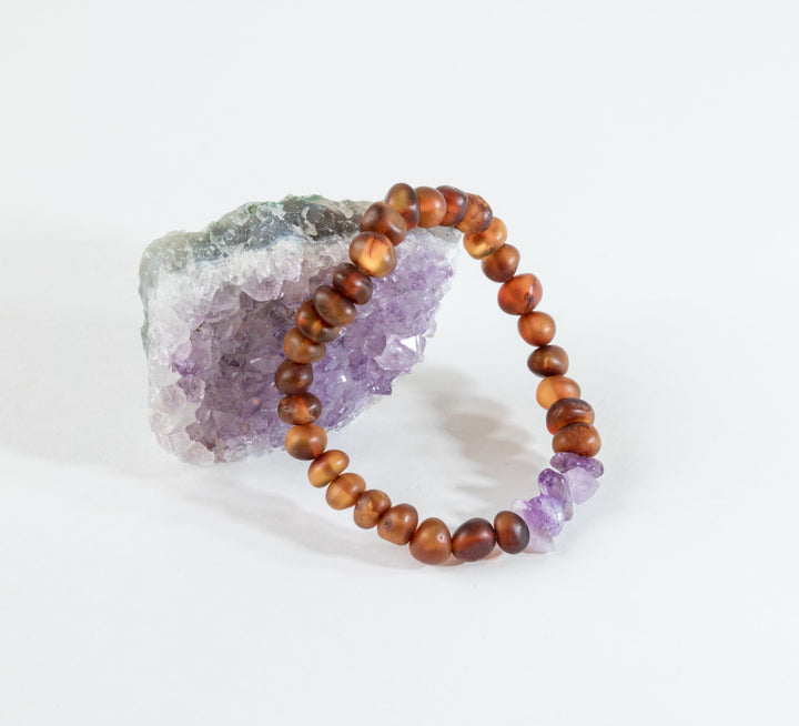 Amber-brown and purple amethyst bead bracelet with rough purple crystal