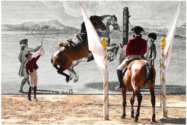 Equestrian art print with riders and saddled horses standing outdoors beside poles.
