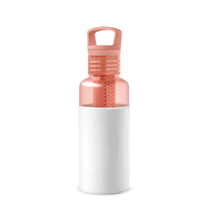 Peach-orange clear reusable water bottle with infuser, white base, flip-top handle