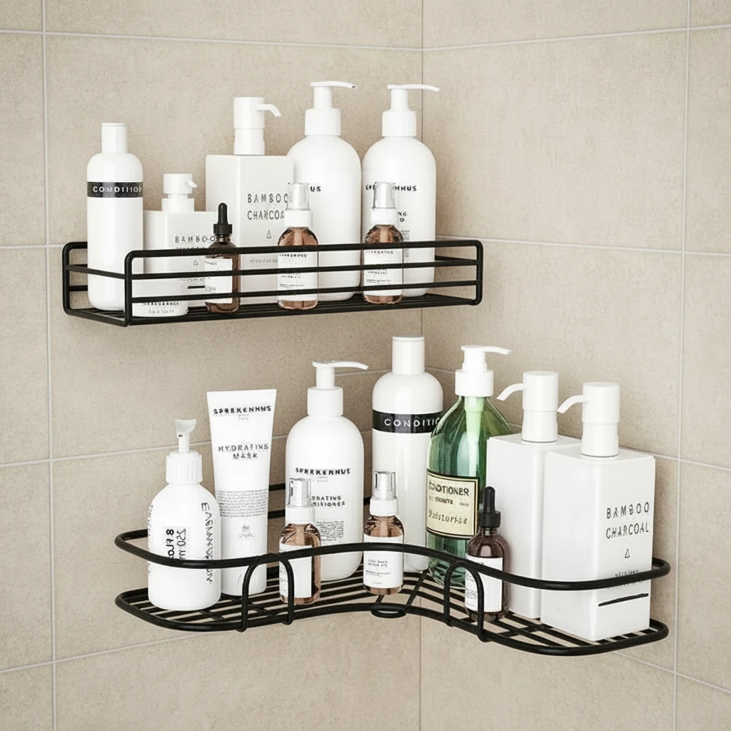 Premium Quality Bathroom Kitchen Punch Corner Frame Shower Shelf Wrought Iron Shampoo Storage Rack Holder with Suction Cup Bathroom Accessories