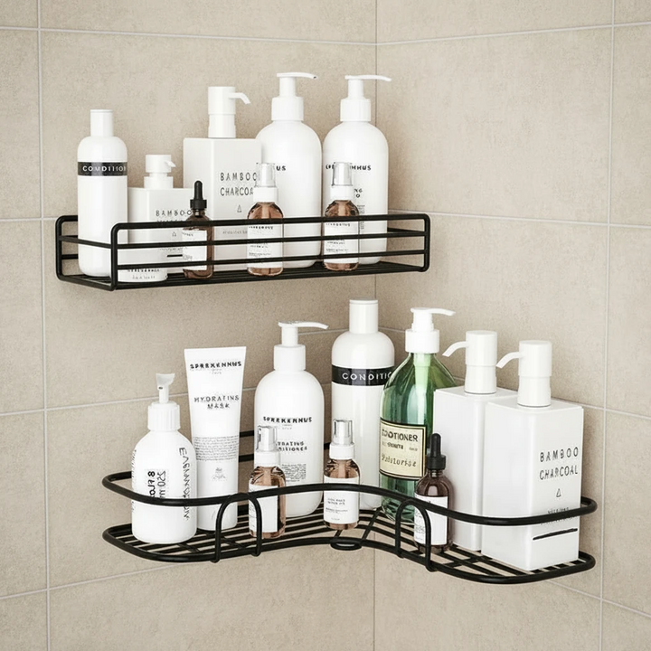 Premium Quality Bathroom Kitchen Punch Corner Frame Shower Shelf Wrought Iron Shampoo Storage Rack Holder with Suction Cup Bathroom Accessories
