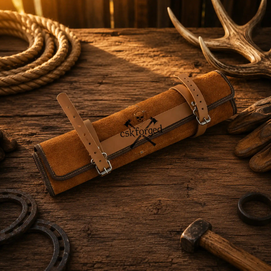 Knife roll case with tan canvas exterior and leather buckle straps for storage