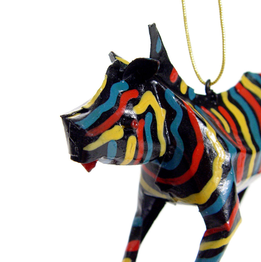 Close-up zebra ornament showing striped pattern and hanging cord loop.