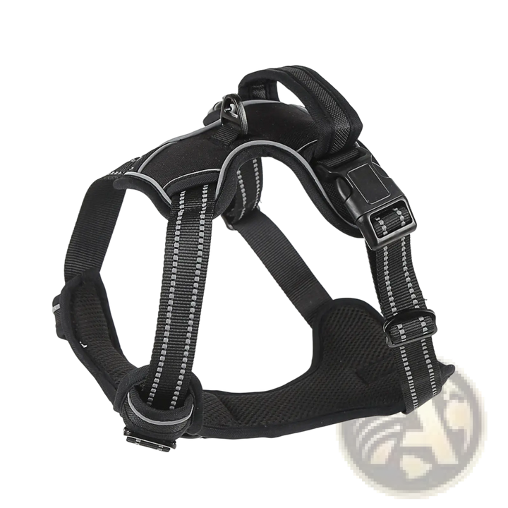 Black reflective dog harness vest with padded chest and adjustable webbing straps