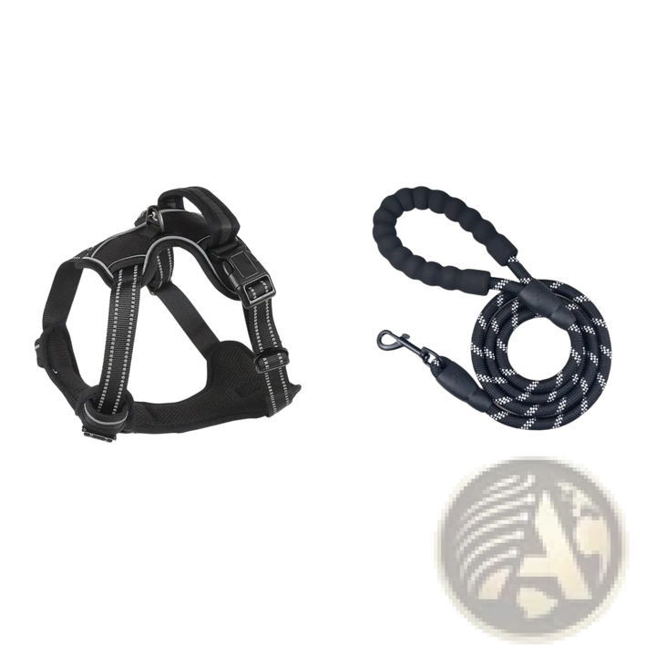 Black no-pull reflective dog harness vest with leash and circular reflective marker