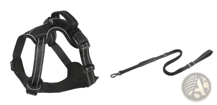 Black reflective dog harness vest with matching leash, plus round reflective emblem