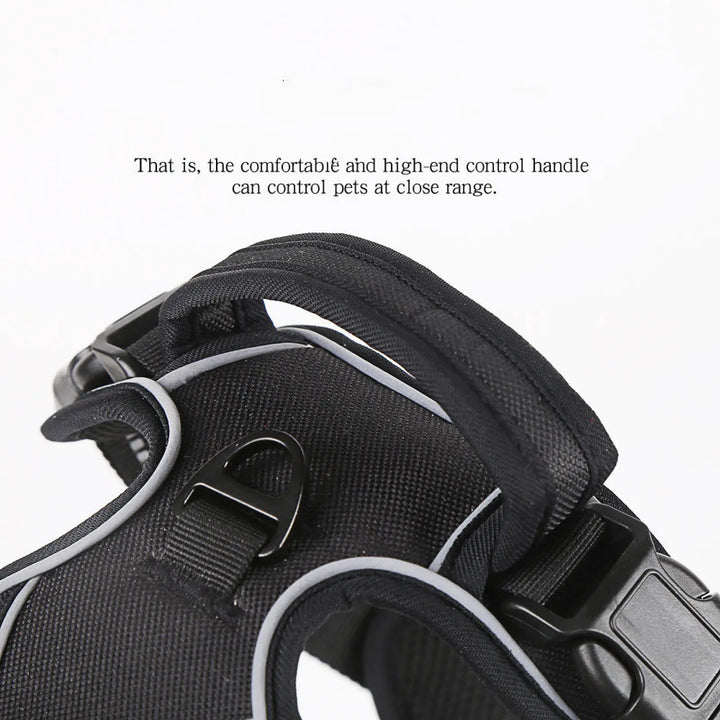 Close-up of black reflective dog harness vest handle and strap hardware