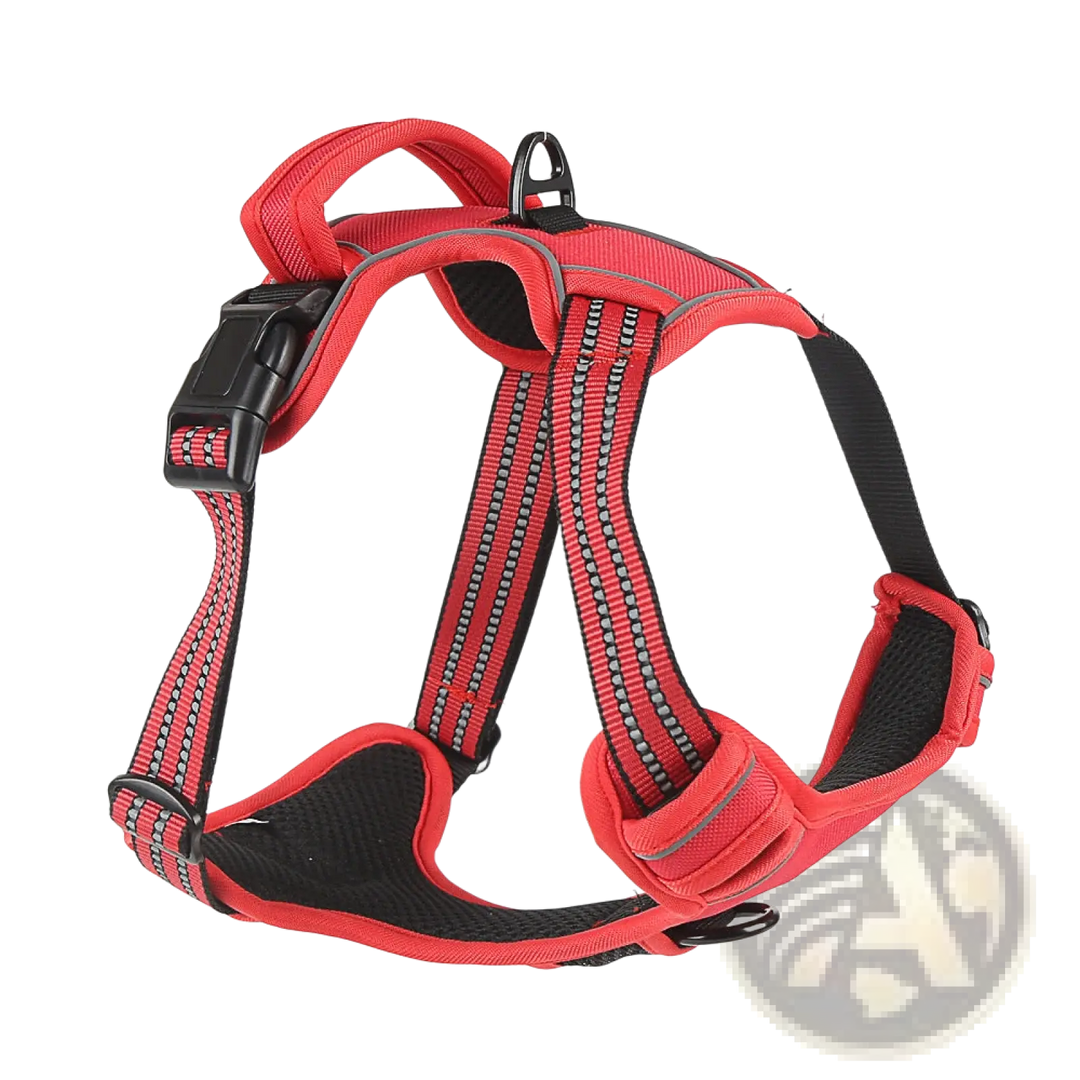 Red reflective no-pull dog harness vest with padded chest and adjustable straps