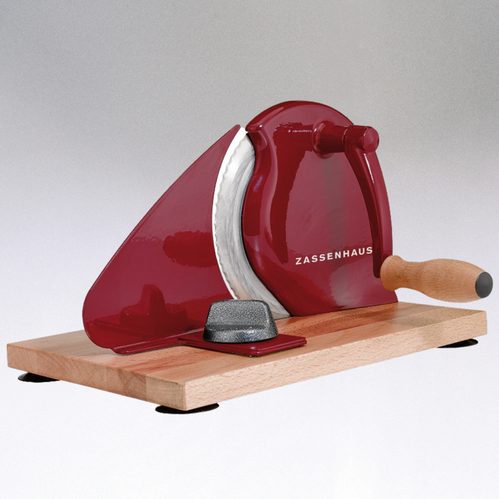 Red adjustable bread slicer with stainless blade and wooden base, wood grip handle