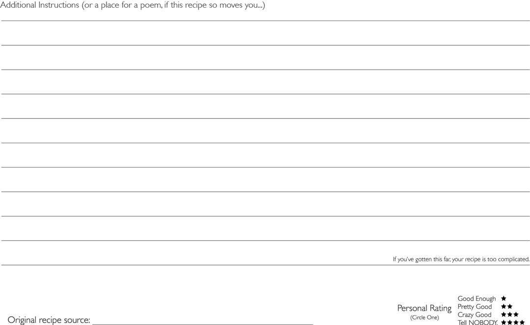 Recipe card panel with lined writing area and personal rating section