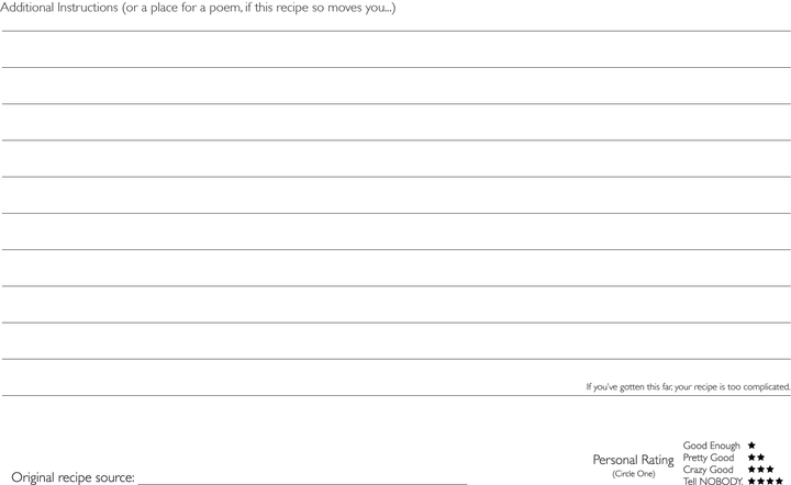 Recipe card panel with lined writing area and personal rating section