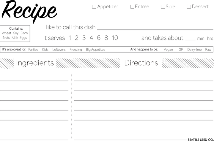 Recipe card template with checkboxes, Ingredients and Directions sections