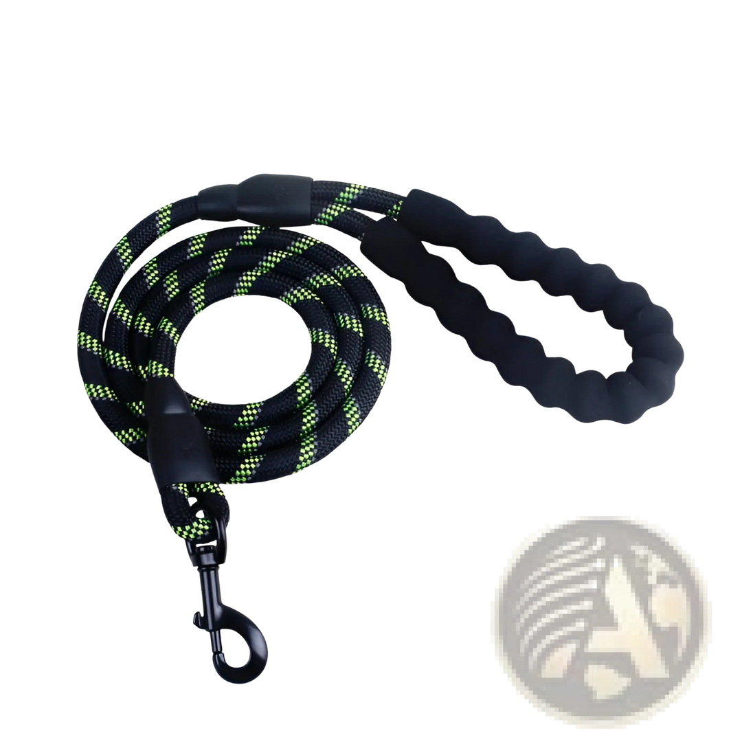 Reflective dog leash with padded foam handle, dark rope with neon green pattern