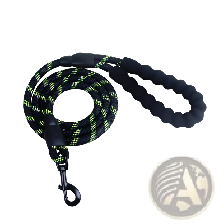 Reflective dog leash with padded foam handle, dark rope with neon green pattern