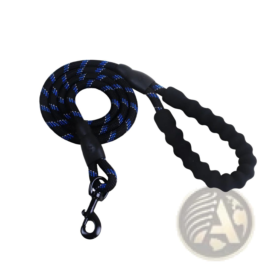 Reflective dog leash with padded foam handle, dark blue braided rope and metal clasp