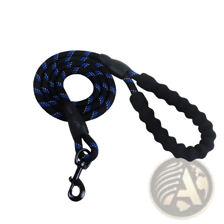 Reflective dog leash with padded foam handle, dark blue braided rope and metal clasp