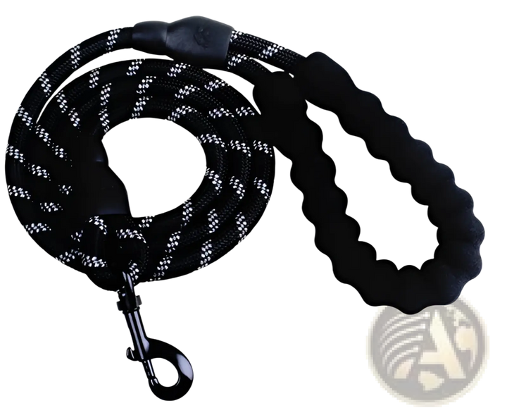 Reflective dog leash with padded foam comfort handle, black webbing and metal clips
