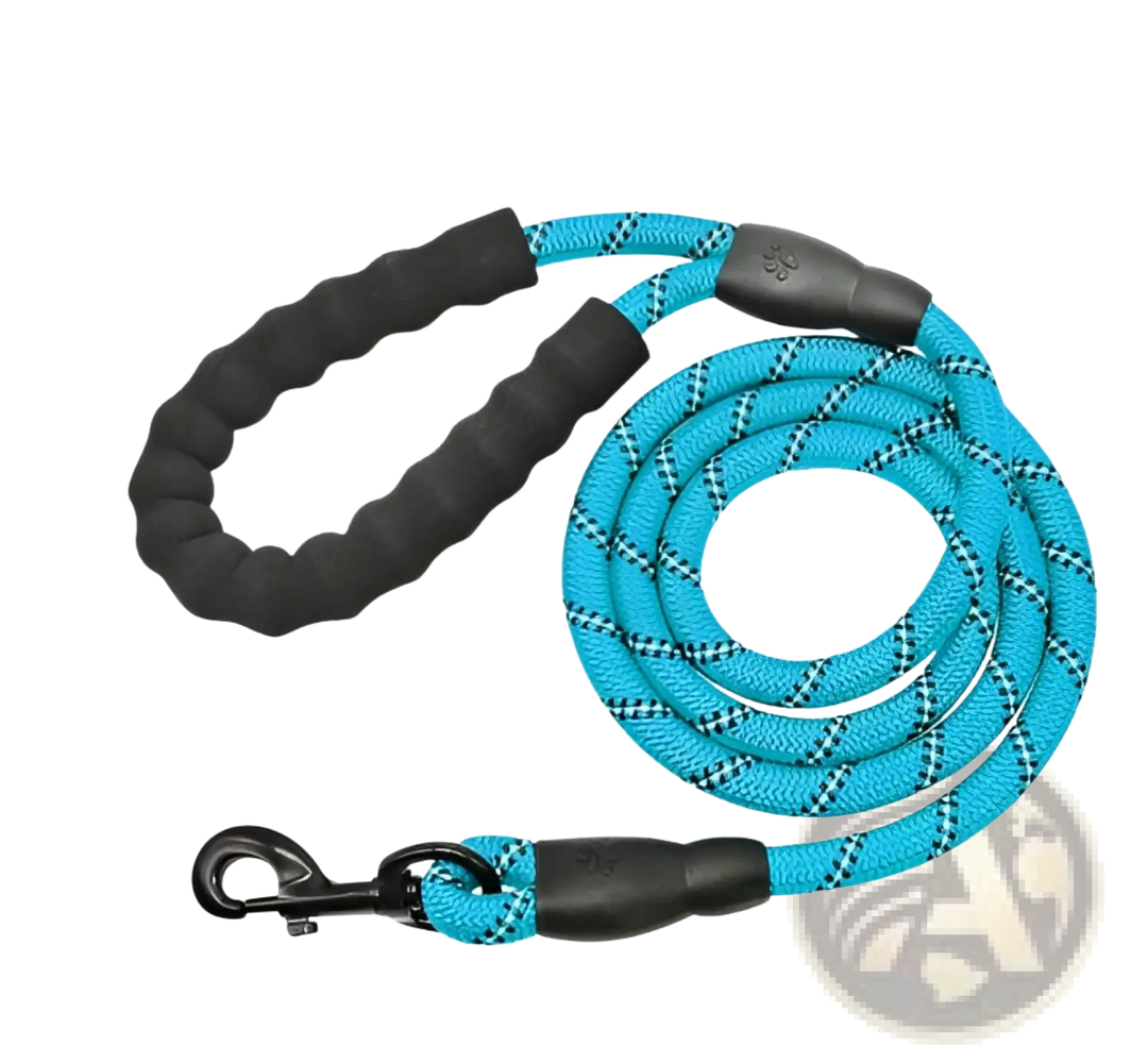 Reflective dog leash with padded foam handle, blue braided rope and metal clasp