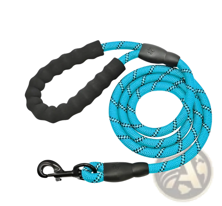 Reflective dog leash with padded foam handle, blue braided rope and metal clasp
