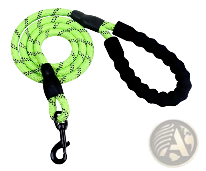 Reflective dog leash with padded foam comfort handle, neon green webbing and metal clips