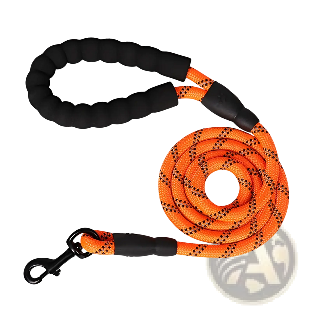Reflective dog leash with padded foam handle, orange braided rope and metal clasp