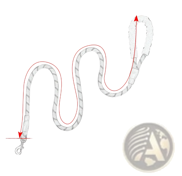 Reflective dog leash with padded foam handle, white rope with red trim and metal clasp