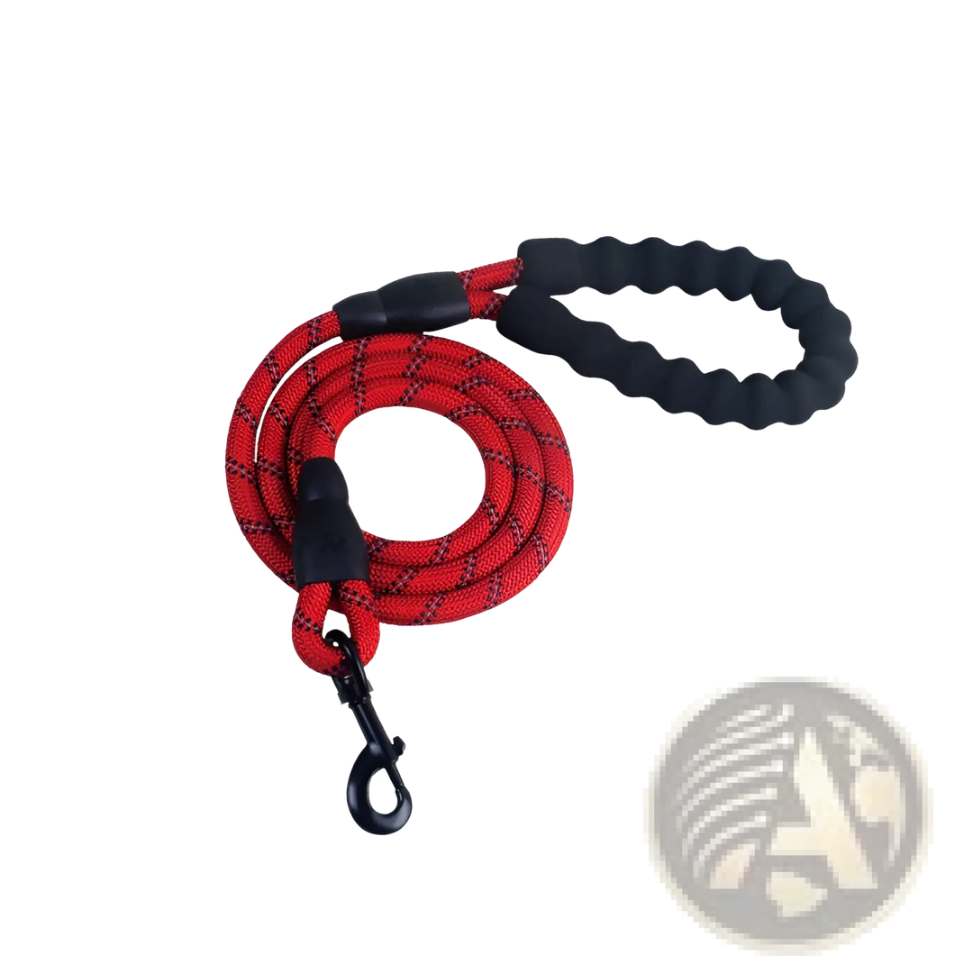 Reflective dog leash with padded foam handle, red braided rope with metal clasp