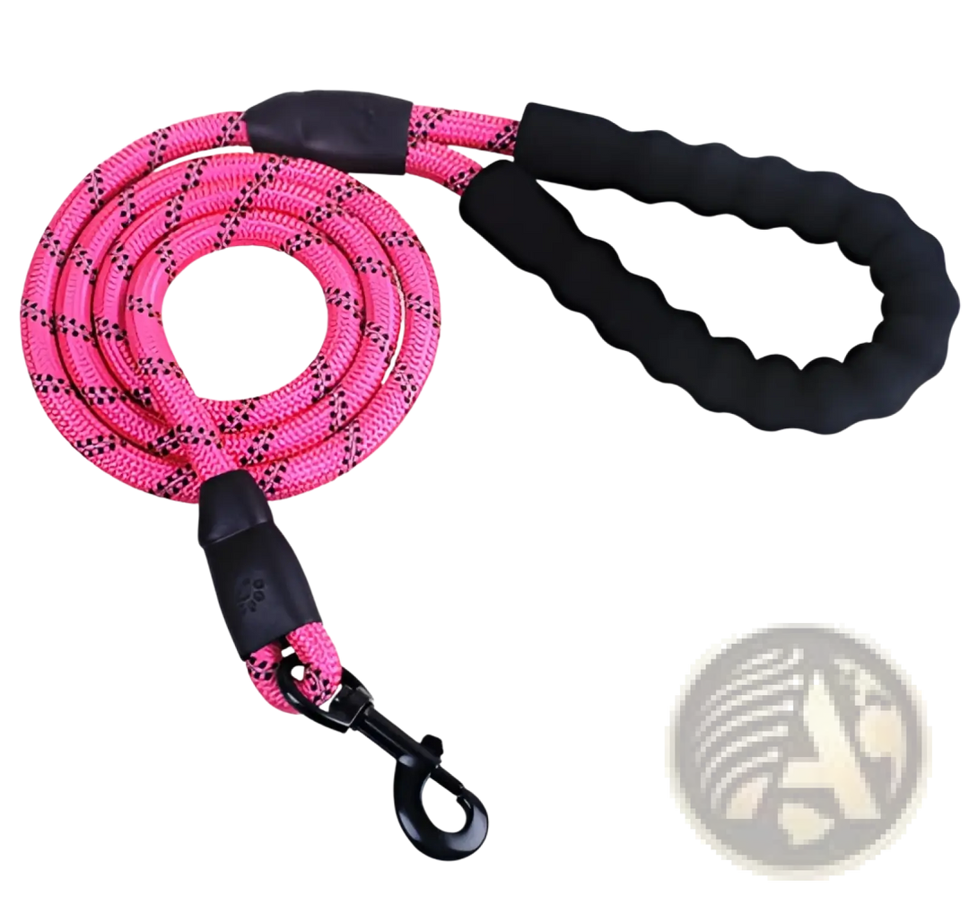 Reflective dog leash with padded foam handle, pink braided rope and metal clasp