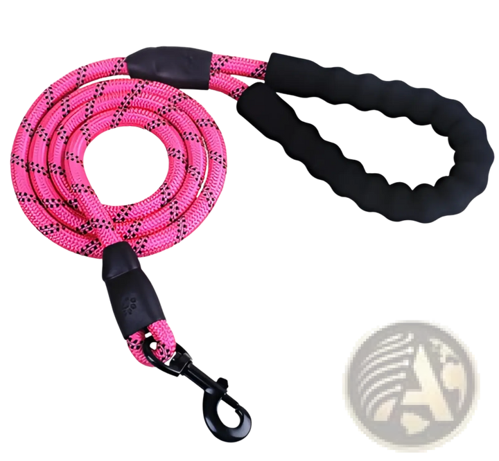 Reflective dog leash with padded foam handle, pink braided rope and metal clasp