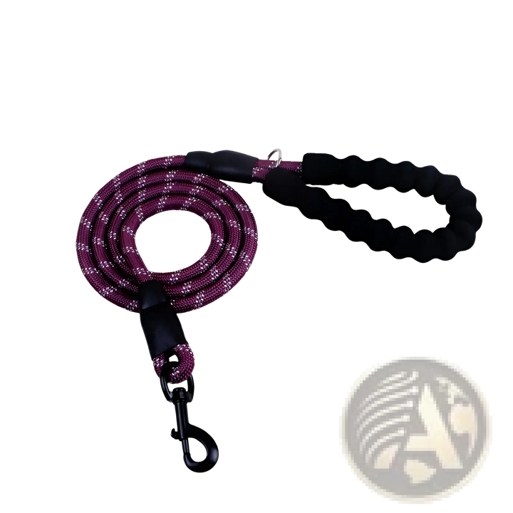 Reflective dog leash with padded foam handle, purple braided rope and metal clasp