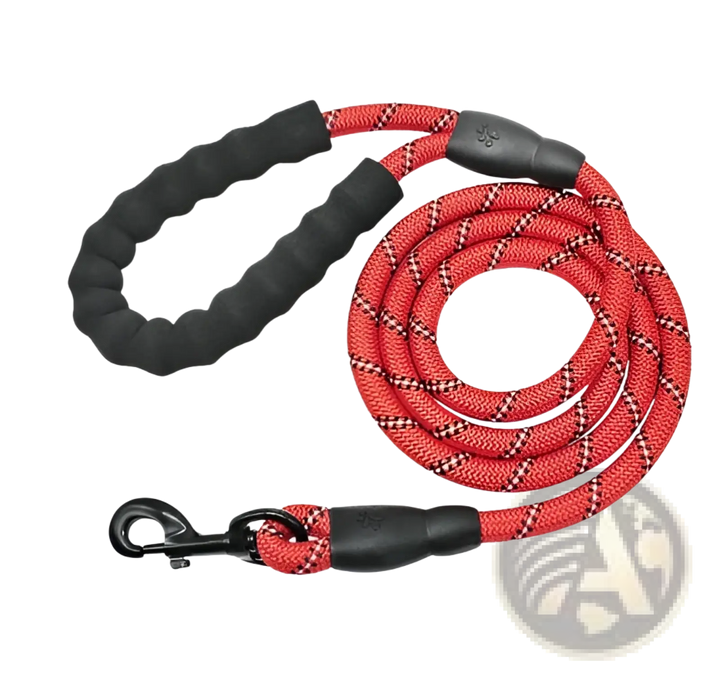 Reflective dog leash with padded foam handle, red braided rope and metal clasp