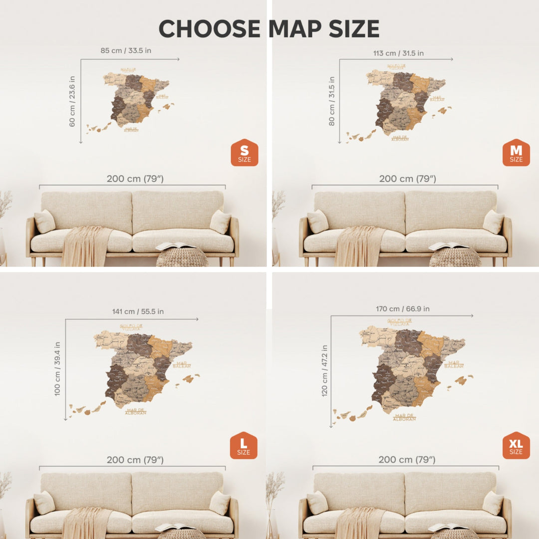 Spain wooden map size guide showing S, M, L, and XL measurements