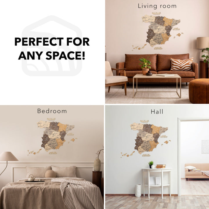 Spain wooden map displayed in home rooms including living room, bedroom, and hall