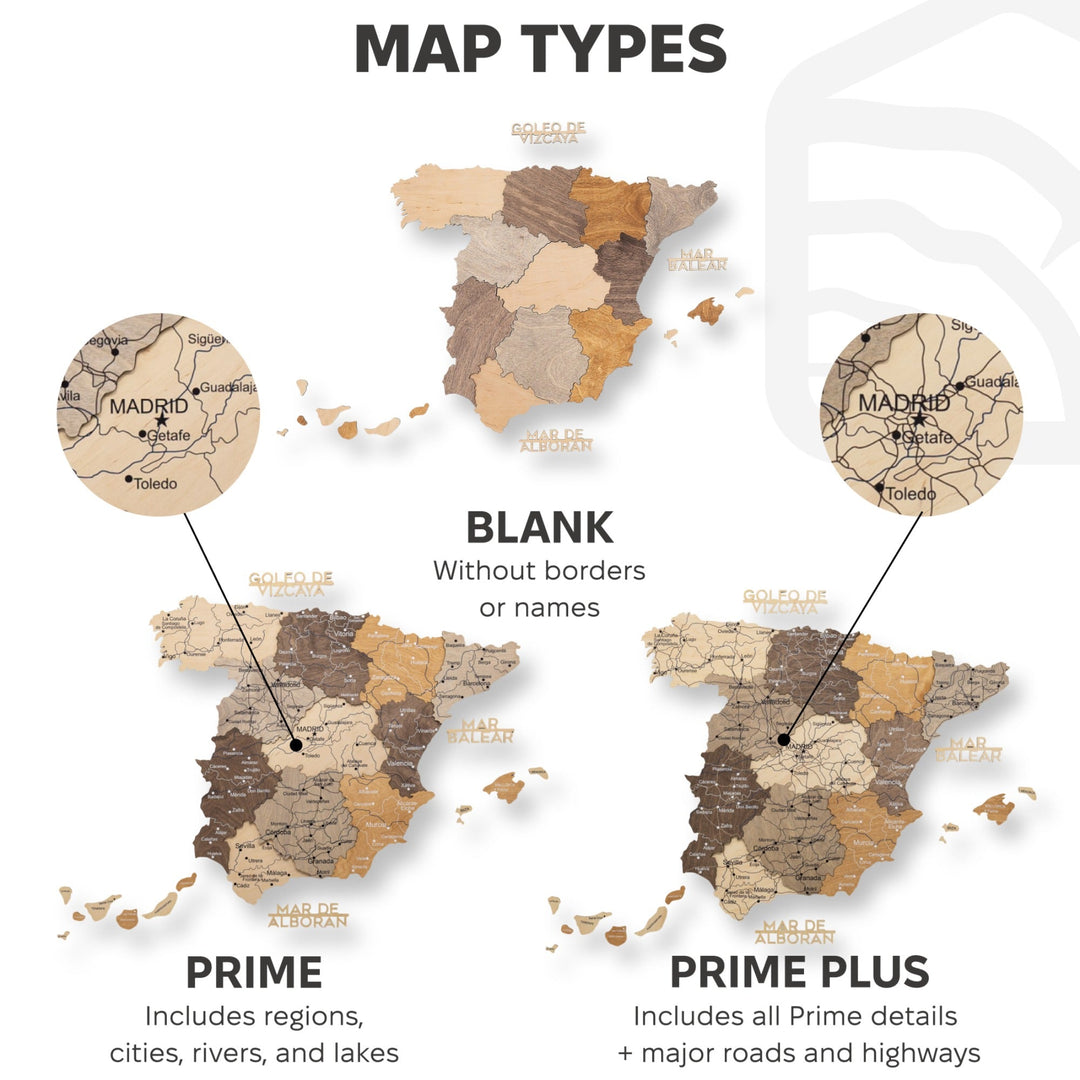 Spain wooden map types chart: blank without names, Prime, and Prime Plus