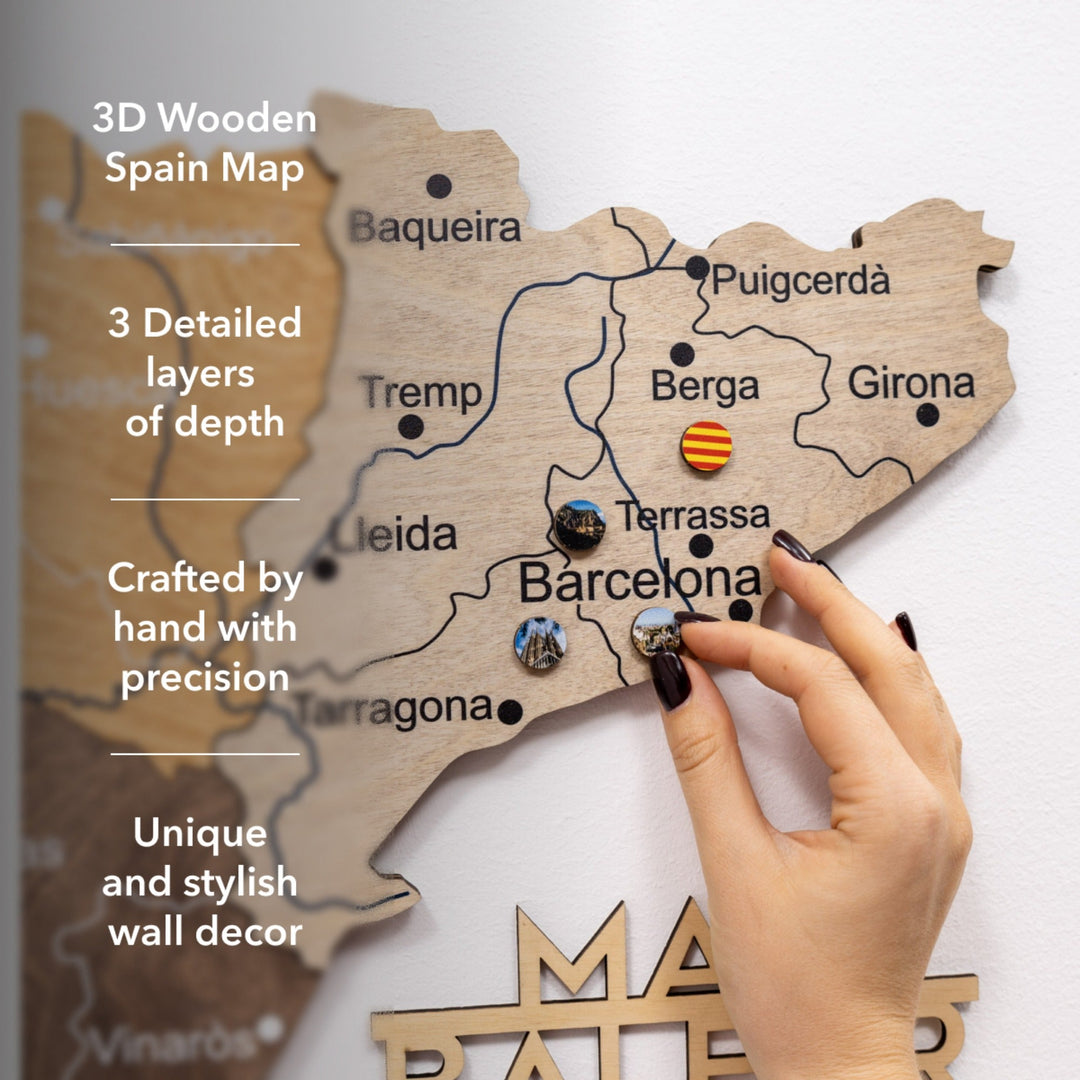 3D layered wooden Spain map with multicolor sticker landmarks on cities