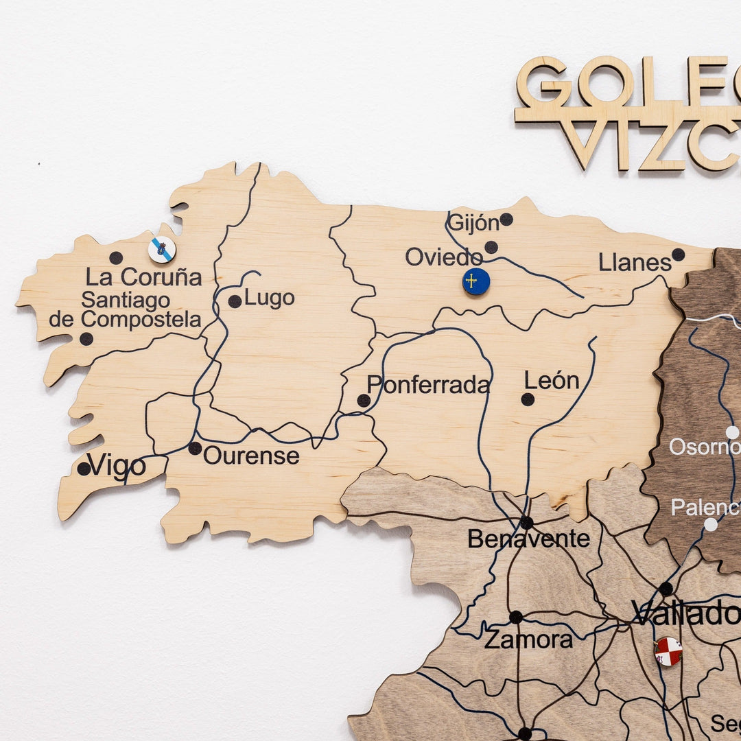 Wooden Spain wall map close-up with city labels and route lines