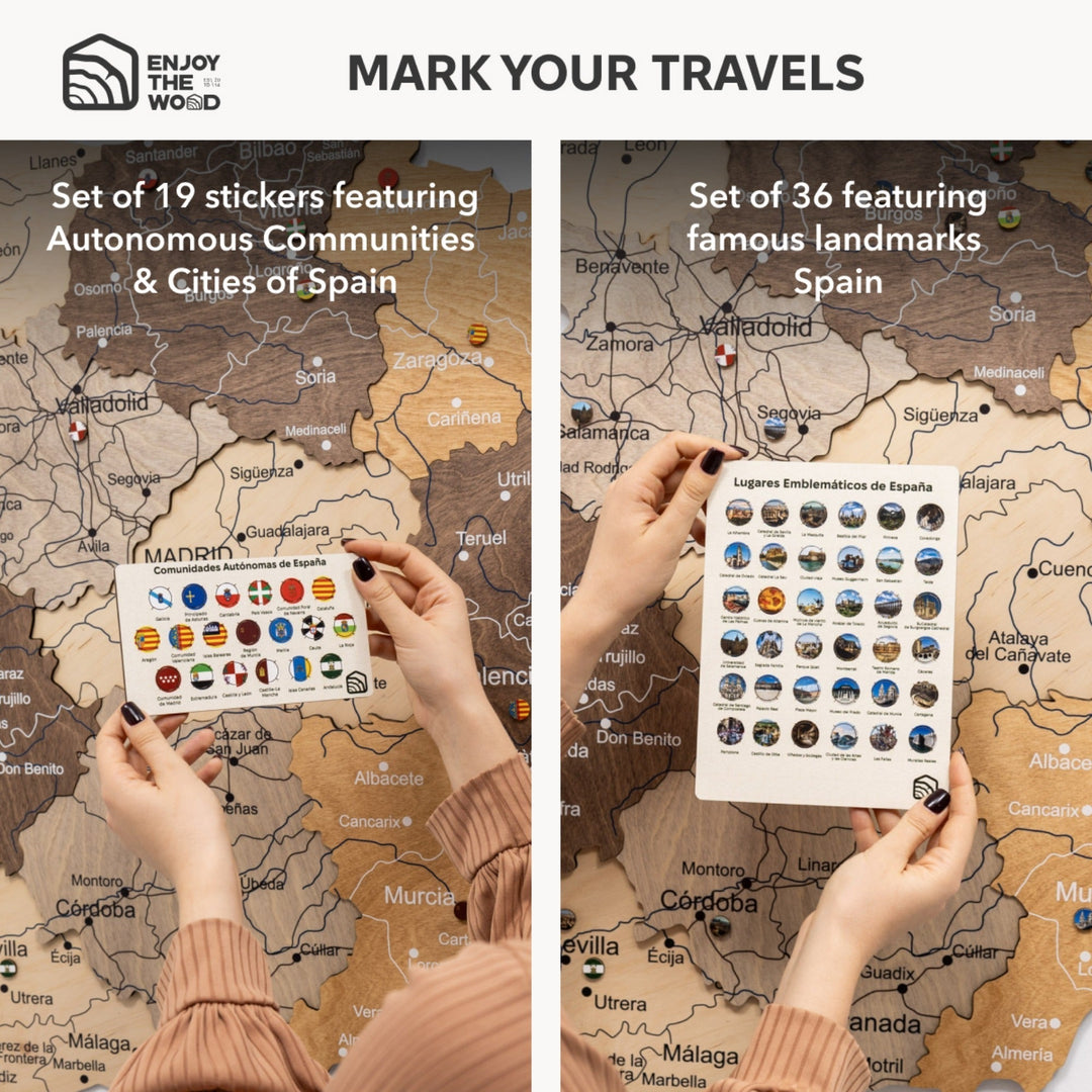 Wooden Spain map with sets of multicolor landmark stickers for decoration